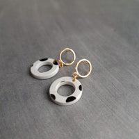 Polka Dot Earrings, black white dots, gold circle earring, acrylic earring, gold circle stud, 80s earring, chunky open circle gold ring stud - Constant Baubling
