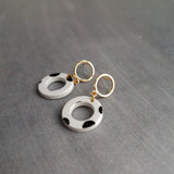 Polka Dot Earrings, black white dots, gold circle earring, acrylic earring, gold circle stud, 80s earring, chunky open circle gold ring stud - Constant Baubling