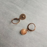 Tiny Copper Drop Earrings, aged copper earring, antique copper earring, small round dangle, little medallion, copper huggie hoop, lever back - Constant Baubling