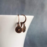 Tiny Copper Drop Earrings, aged copper earring, antique copper earring, small round dangle, little medallion, copper huggie hoop, lever back - Constant Baubling