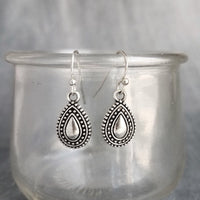 Small Silver Drop Earrings - antique black accent Bali beaded ethnic design - little simple ball dot edge - Boho Bohemian teardrop - Constant Baubling