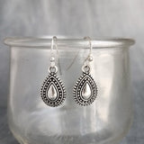 Small Silver Drop Earrings - antique black accent Bali beaded ethnic design - little simple ball dot edge - Boho Bohemian teardrop - Constant Baubling