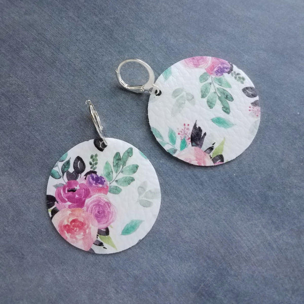 Faux Leather Earrings - round white soft vinyl leather, peony flower, 80's jewelry, pink purple flower earrings, rose earrings, large circle - Constant Baubling