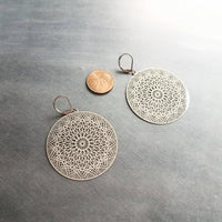 Silver Dreamcatcher Earrings, spiderweb earring, hypoallergenic stainless steel, dream catcher earring, large round silver filigree earrings - Constant Baubling