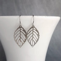 Silver Leaf Earrings, stainless steel earring, filigree leaf earring, steel leaf earring, steel filigree, hypoallergenic, small cut out leaf - Constant Baubling