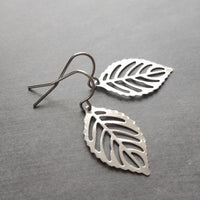 Silver Leaf Earrings, stainless steel earring, filigree leaf earring, steel leaf earring, steel filigree, hypoallergenic, small cut out leaf - Constant Baubling