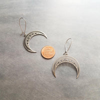 Stainless Steel Boho Earrings, silver crescent earring, silver boho earring, stainless steel crescent, large crescent, filigree moon earring - Constant Baubling