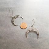 Stainless Steel Boho Earrings, silver crescent earring, silver boho earring, stainless steel crescent, large crescent, filigree moon earring - Constant Baubling