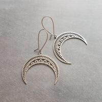 Stainless Steel Boho Earrings, silver crescent earring, silver boho earring, stainless steel crescent, large crescent, filigree moon earring - Constant Baubling