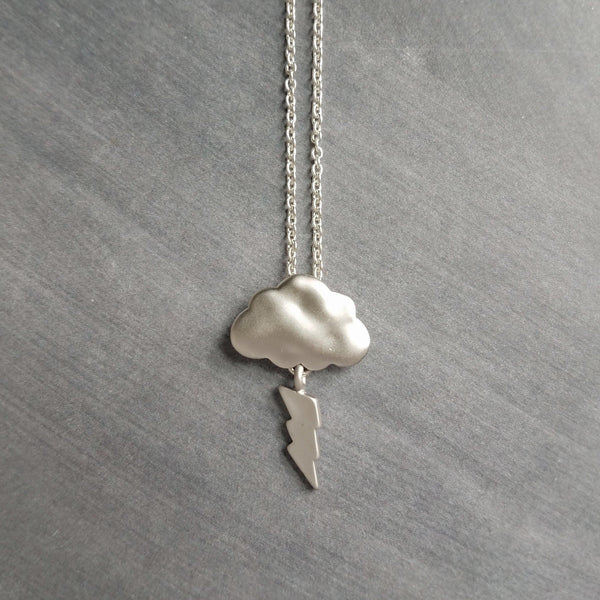 Thunder Storm Necklace, silver cloud necklace, matte silver, lightning bolt necklace, lightning charm, weather necklace, storm cloud pendant - Constant Baubling