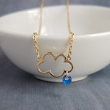 Rain Cloud Necklace, gold cloud necklace, cloud outline, cloud pendant, raindrop dangle, blue raindrops, rainy weather, storm rain necklace - Constant Baubling