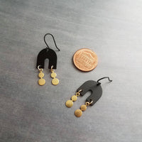 Gold Matte Black Earrings, black arch earring, semicircle shape, u-shape earring, black dangle earring, small dangles, brass drops, matt - Constant Baubling