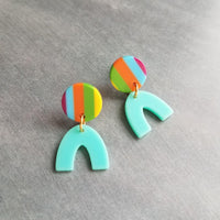Stripe Dangle Earrings, 80s earring, aqua blue dangle, chunky earring, vintage 80s style, bright color earring, round colorful stripe arch u - Constant Baubling
