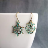 Boat Anchor Earring Set, wheel helm earring, boat earring, mismatched, nautical earring, patina earring, rustic bronze, blue green patina - Constant Baubling
