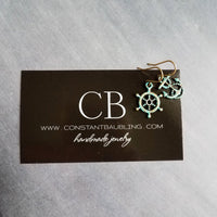 Boat Anchor Earring Set, wheel helm earring, boat earring, mismatched, nautical earring, patina earring, rustic bronze, blue green patina - Constant Baubling