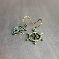 Boat Anchor Earring Set, wheel helm earring, boat earring, mismatched, nautical earring, patina earring, rustic bronze, blue green patina - Constant Baubling
