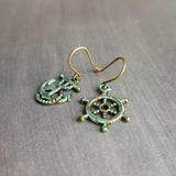 Boat Anchor Earring Set, wheel helm earring, boat earring, mismatched, nautical earring, patina earring, rustic bronze, blue green patina - Constant Baubling