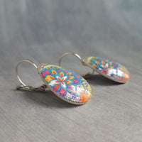 Bright Floral Earrings, stainless steel earring, hypoallergenic, large teardrop, pear shape, embroidery style, colorful, silver lever back - Constant Baubling