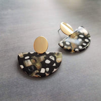 80s Tortoise Earrings, gold stud 80s earring, acrylic acetate earring, mottled, semicircle earring, half circle earring, thick chunky, oval - Constant Baubling
