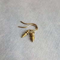 Tiny Spear Earrings, antique brass earring, old gold earring, small dangle earring, small bullet earring, bronze earring, mini spike earring - Constant Baubling