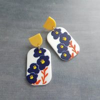 Chunky Floral Earrings, large 80s earring, acrylic earring, plastic earring, 1980s style, matte white navy blue orange yellow, rectangle - Constant Baubling