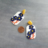 Chunky Floral Earrings, large 80s earring, acrylic earring, plastic earring, 1980s style, matte white navy blue orange yellow, rectangle - Constant Baubling
