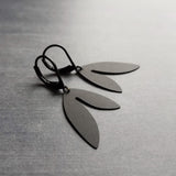 Matte Black Earrings, double leaf earring, black leaves, lever back earring, leverback, helicopter seed earring, asymmetrical earring, flat - Constant Baubling