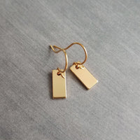 Gold Tag Earrings, small gold rectangle, rectangular tag, gold bar earring, 14K SOLID GOLD hook opt, small bar earring, flat gold bar dainty - Constant Baubling