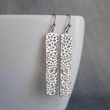 Silver Rectangle Earrings, skeleton leaf earring, matte silver filigree earring, long thin rectangle earring, narrow cut out design, small - Constant Baubling