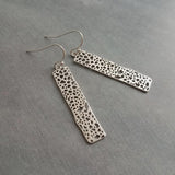 Silver Rectangle Earrings, skeleton leaf earring, matte silver filigree earring, long thin rectangle earring, narrow cut out design, small - Constant Baubling