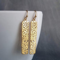 Gold Dangle Earrings, skeleton leaf earring, matte gold filigree earring, long thin rectangle earring, narrow cut out design small intricate - Constant Baubling