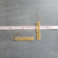 Gold Dangle Earrings, skeleton leaf earring, matte gold filigree earring, long thin rectangle earring, narrow cut out design small intricate - Constant Baubling