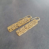 Gold Dangle Earrings, skeleton leaf earring, matte gold filigree earring, long thin rectangle earring, narrow cut out design small intricate - Constant Baubling