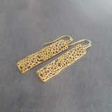 Gold Dangle Earrings, skeleton leaf earring, matte gold filigree earring, long thin rectangle earring, narrow cut out design small intricate - Constant Baubling