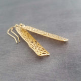 Gold Dangle Earrings, skeleton leaf earring, matte gold filigree earring, long thin rectangle earring, narrow cut out design small intricate - Constant Baubling