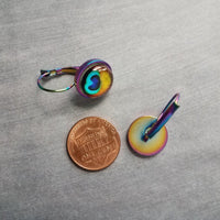 Peacock Feather Earrings, rainbow peacock, lever back earring, stainless steel, locking, bright color, colorful 1 inch earring, snap close - Constant Baubling