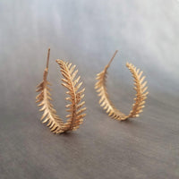 Gold Fern Hoop Earrings, branch hoop earrings, fern earrings, 1 inch hoop, tiny leaves hoop, gold hoops, leafy hoop earrings, plant earrings - Constant Baubling