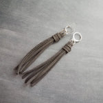 Dark Grey Long Tassel Earrings, faux suede tassel, vegan leather tassel, long gray tassel, silver huggie hoop, round lever back boho earring - Constant Baubling