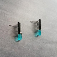 Black Turquoise Abstract Earrings, small 80s earring, 80s style, thick acrylic earring, chunky plastic, aqua blue dangle, clear translucent - Constant Baubling