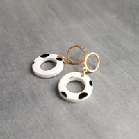 Polka Dot Earrings, black white dots, gold circle earring, acrylic earring, gold circle stud, 80s earring, chunky open circle gold ring stud - Constant Baubling