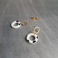 Polka Dot Earrings, black white dots, gold circle earring, acrylic earring, gold circle stud, 80s earring, chunky open circle gold ring stud - Constant Baubling