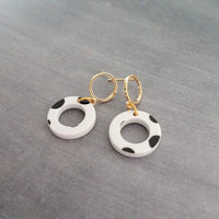 Polka Dot Earrings, black white dots, gold circle earring, acrylic earring, gold circle stud, 80s earring, chunky open circle gold ring stud - Constant Baubling