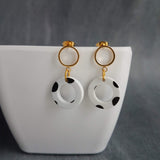 Polka Dot Earrings, black white dots, gold circle earring, acrylic earring, gold circle stud, 80s earring, chunky open circle gold ring stud - Constant Baubling