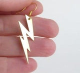 Lightning Bolt Earring - silver or gold SHAZAM charm, high voltage storm weather dangle on simple ear hooks, long jagged zig zag shape - Constant Baubling