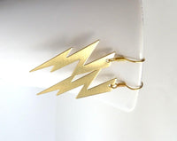 Lightning Bolt Earring - silver or gold SHAZAM charm, high voltage storm weather dangle on simple ear hooks, long jagged zig zag shape - Constant Baubling