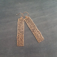 Long Rose Gold Rectangle Earrings, skeleton leaf earring, organic shape, rose gold filigree earring, thin rectangle earring, narrow - Constant Baubling