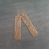 Long Rose Gold Rectangle Earrings, skeleton leaf earring, organic shape, rose gold filigree earring, thin rectangle earring, narrow - Constant Baubling