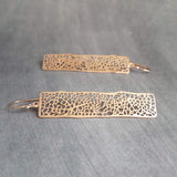 Long Rose Gold Rectangle Earrings, skeleton leaf earring, organic shape, rose gold filigree earring, thin rectangle earring, narrow - Constant Baubling