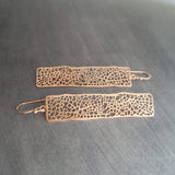Long Rose Gold Rectangle Earrings, skeleton leaf earring, organic shape, rose gold filigree earring, thin rectangle earring, narrow - Constant Baubling