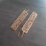 Long Rose Gold Rectangle Earrings, skeleton leaf earring, organic shape, rose gold filigree earring, thin rectangle earring, narrow - Constant Baubling